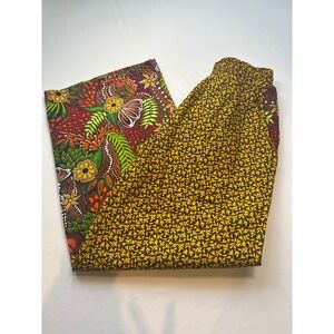 African Ankara Style Wide Leg Pants Women Medium Yellow Floral Mixed Print Boho